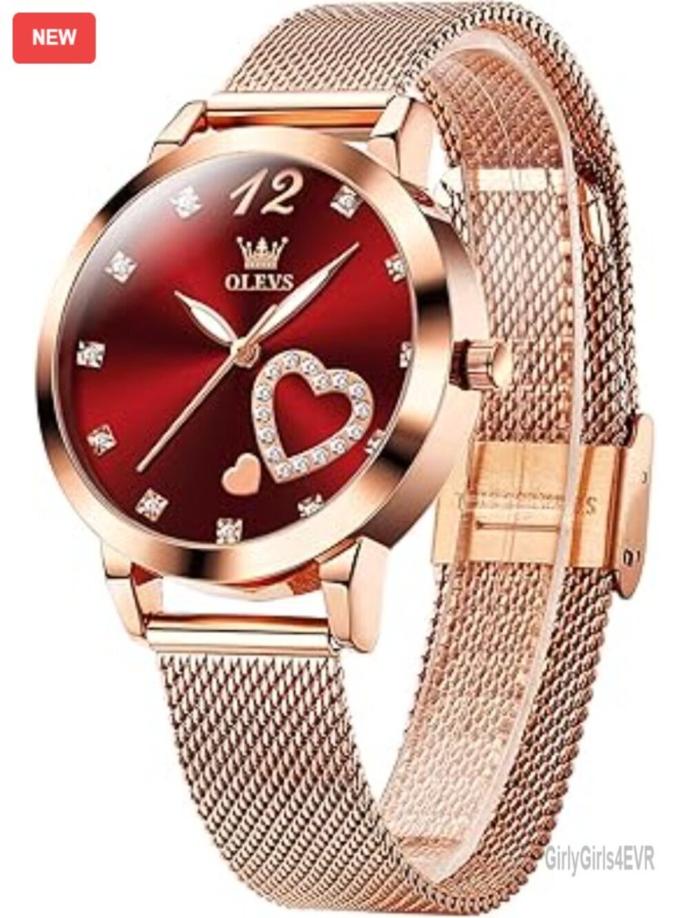 Small Rose Gold Tone Watch - Diamond Heart Dial, Japanese Quartz, Mesh Bracelet